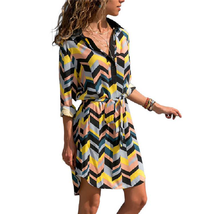 Aachoae Long Sleeve Shirt Dress 2020 Summer Boho Beach Dresses Women Casual Striped Print A line Mini Party Dress Vestidos