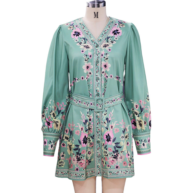 V-neck loose printed boho dress