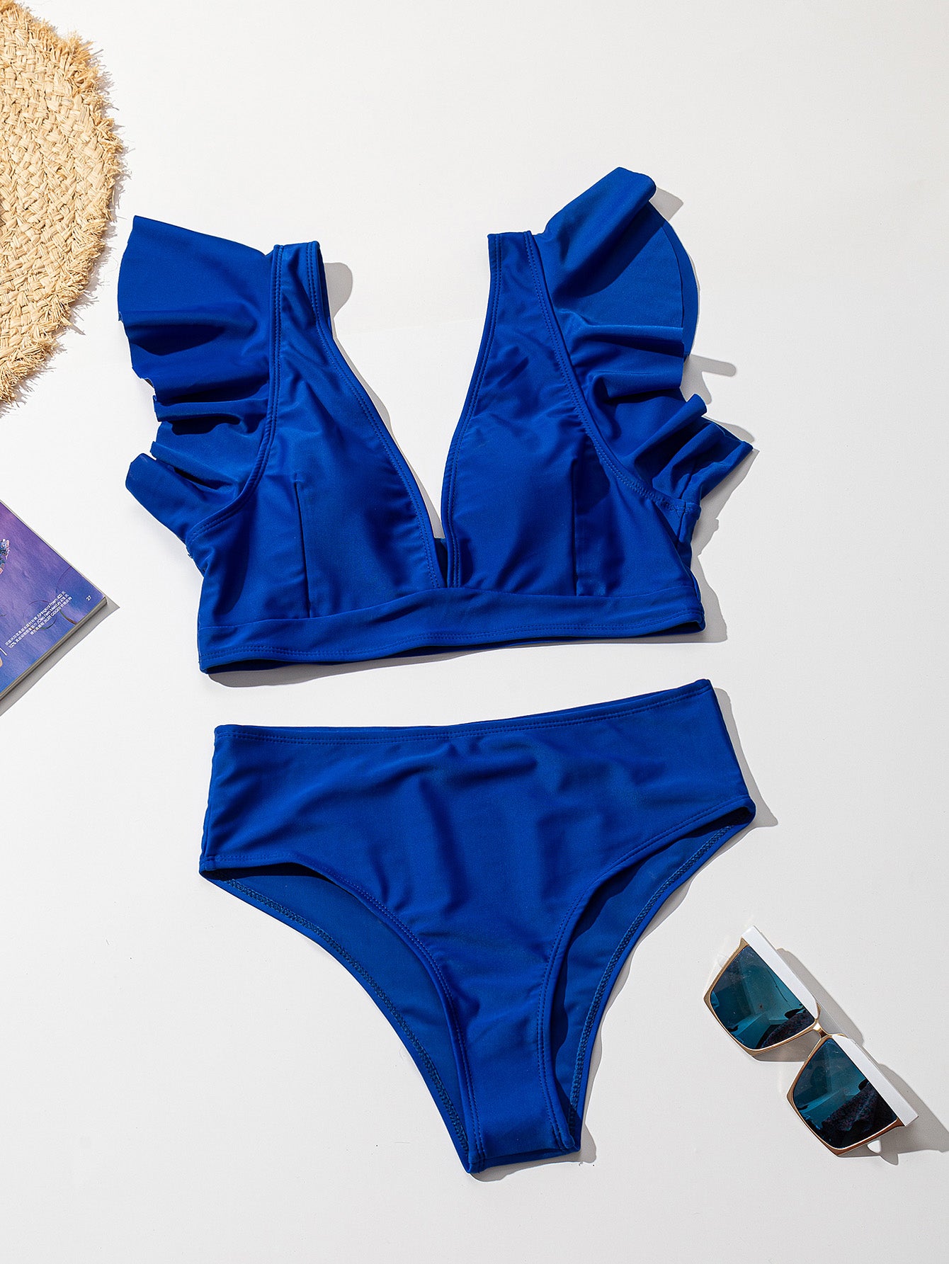 ملابس سباحة بكيني من قطعتين بخصر عالٍ، 9 ألوان مكشكشة