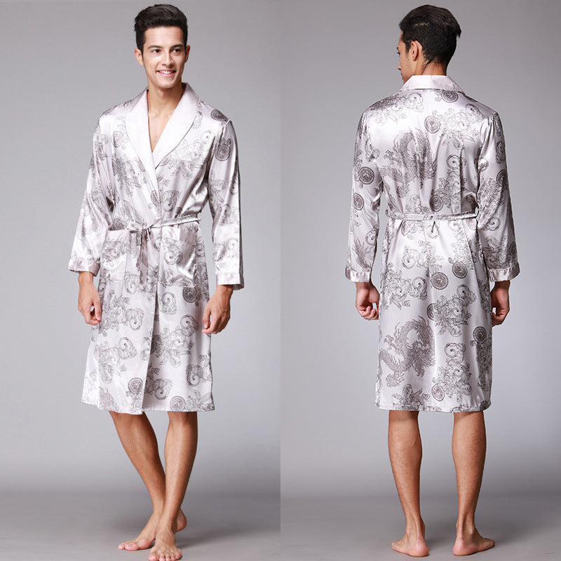 New ice silk men's long-sleeved nightgown bathrobe home clothes