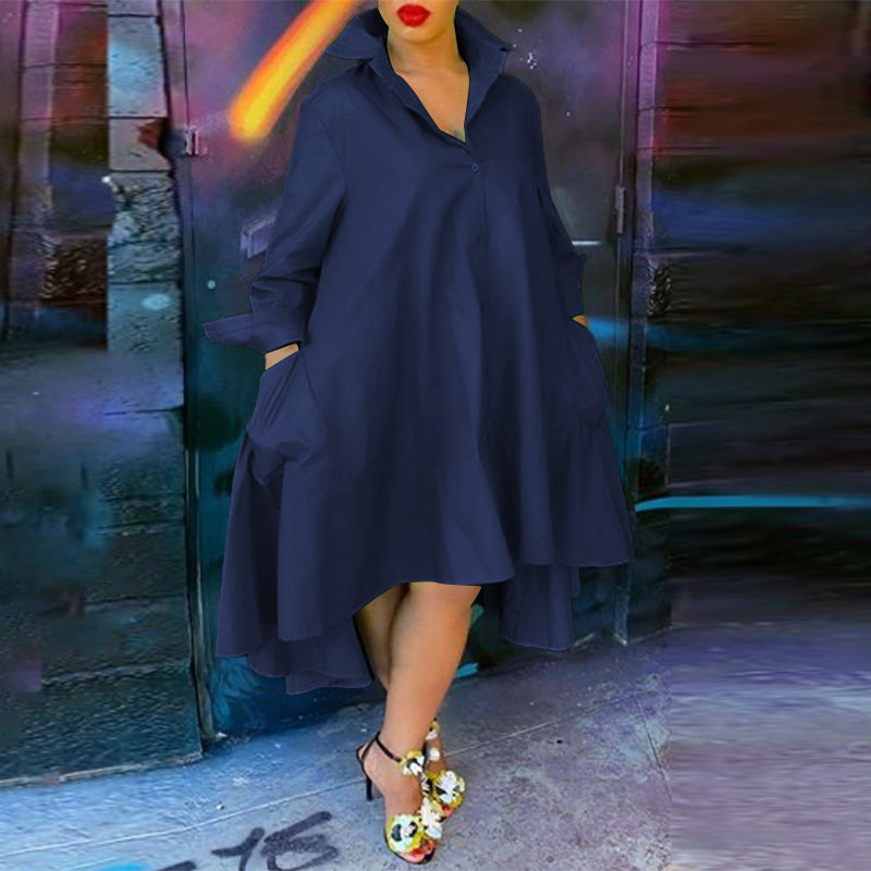 VONDA ladies lady-like temperament solid color shirt dress European and American sweet and elegant lapel button placket front short and back length irregular design long skirt daily spring and summer large size wild dating skirt