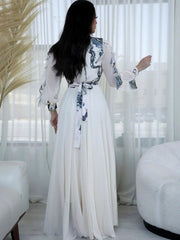 White Printed Chiffon Ink Waist  Dress