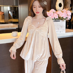 Gold velvet long-sleeved autumn and winter pajamas women's homewear suit with removable chest pad
