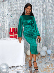 AOMEI Women Shiny Dress Green Long Sleeve Bodycon Satin Folds Midi Elegant Big Size Evening Christmas Party Birthday Outfits New