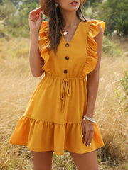 فستان نسائي مثير مكشكش بدون أكتاف تونك عالي الخصر للحفلات رقبة على شكل V فستان صيفي نسائي غير رسمي للشاطئ بوهو أصفر