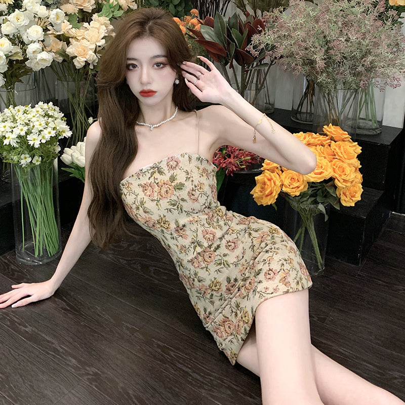 Chic Spaghetti Strap French Floral Sundress Women Sleeveless Slash neck Mini Bodycon Dress Summer Ladies Sling Backless