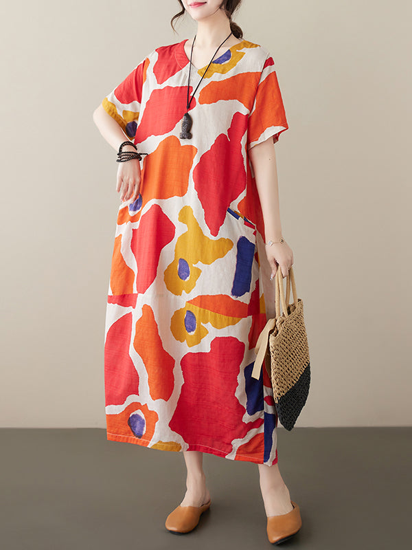 Women's summer new cotton and linen printed short-sleeved dress retro style age-reducing large size pullover V-neck mid-length skirt