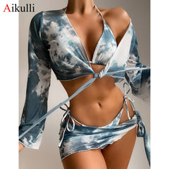 Tie Dye Long Sleeve Bikinis Swimsuits Women Four-pieces  Sets Summer Beach Swimwear Female Sarong Halter Bathing Suit Swim