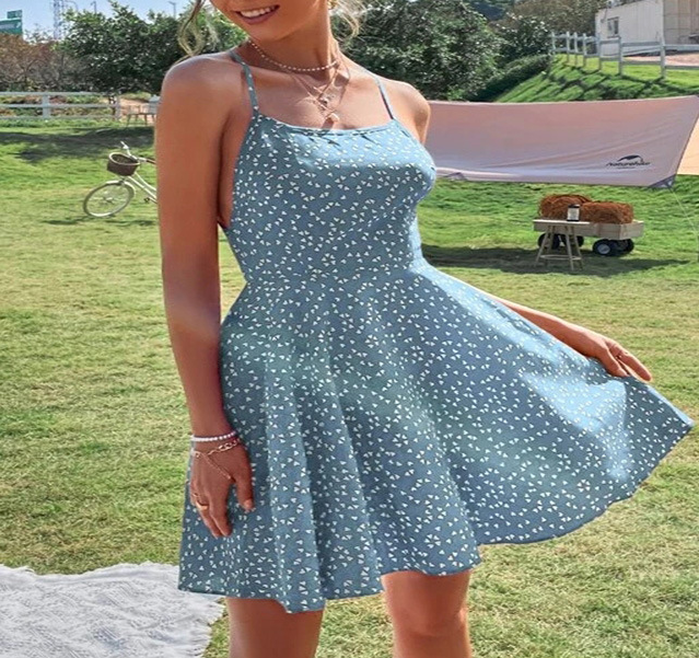 فستان صيفي جديد مطبوع النثار القلب المطبوع عبر الدانتيل فستان بدون ظهر مطبوعة بوهو فستان الشاطئ فستان الصيف 