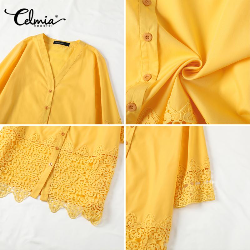 Celmia Elegant Dresses For Women 2022 Solid V Neck Long Sleeve Spliced Lace A-Line Vestidos Bohemian Party Casual Summer Plus Size Short Dresses