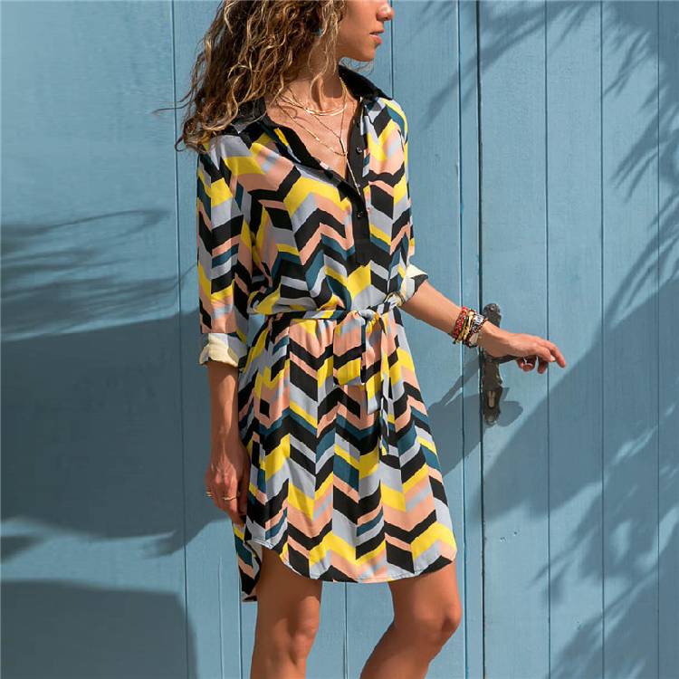 Aachoae Long Sleeve Shirt Dress 2020 Summer Boho Beach Dresses Women Casual Striped Print A line Mini Party Dress Vestidos