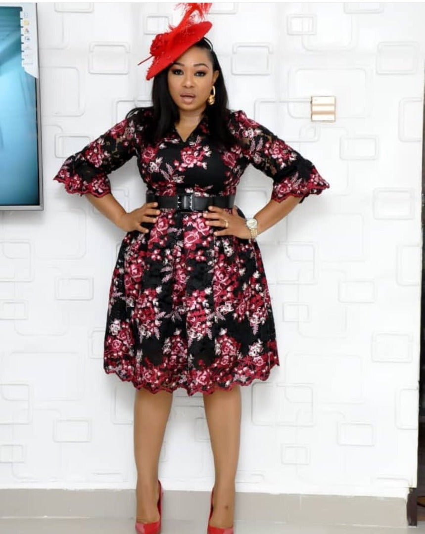 European and American hot-selling lace  flowers V-neck waist A-line dress African temperament commuter dress with belt