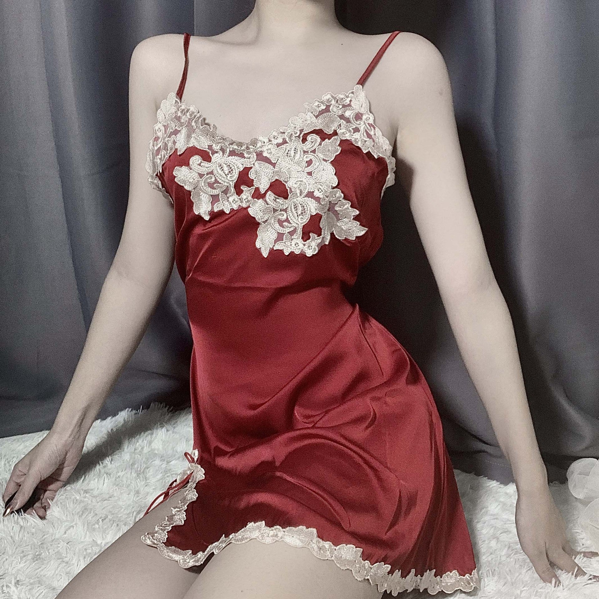 Ladies Fashion Lace Stitching Simulated Silk Homewear Nightdress J2JX1014YML