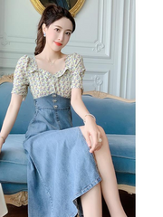 Square collar denim stitching long skirt 2023 summer new slim bow skirt women's clothing Korean elegant dress 4*10