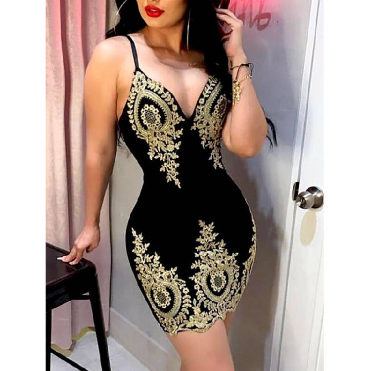Women's Slim Print Fashion Sling Spaghetti Bodycon Lace Strappy Ladies Evening Party Mini Short Dress Size S XL V Neck