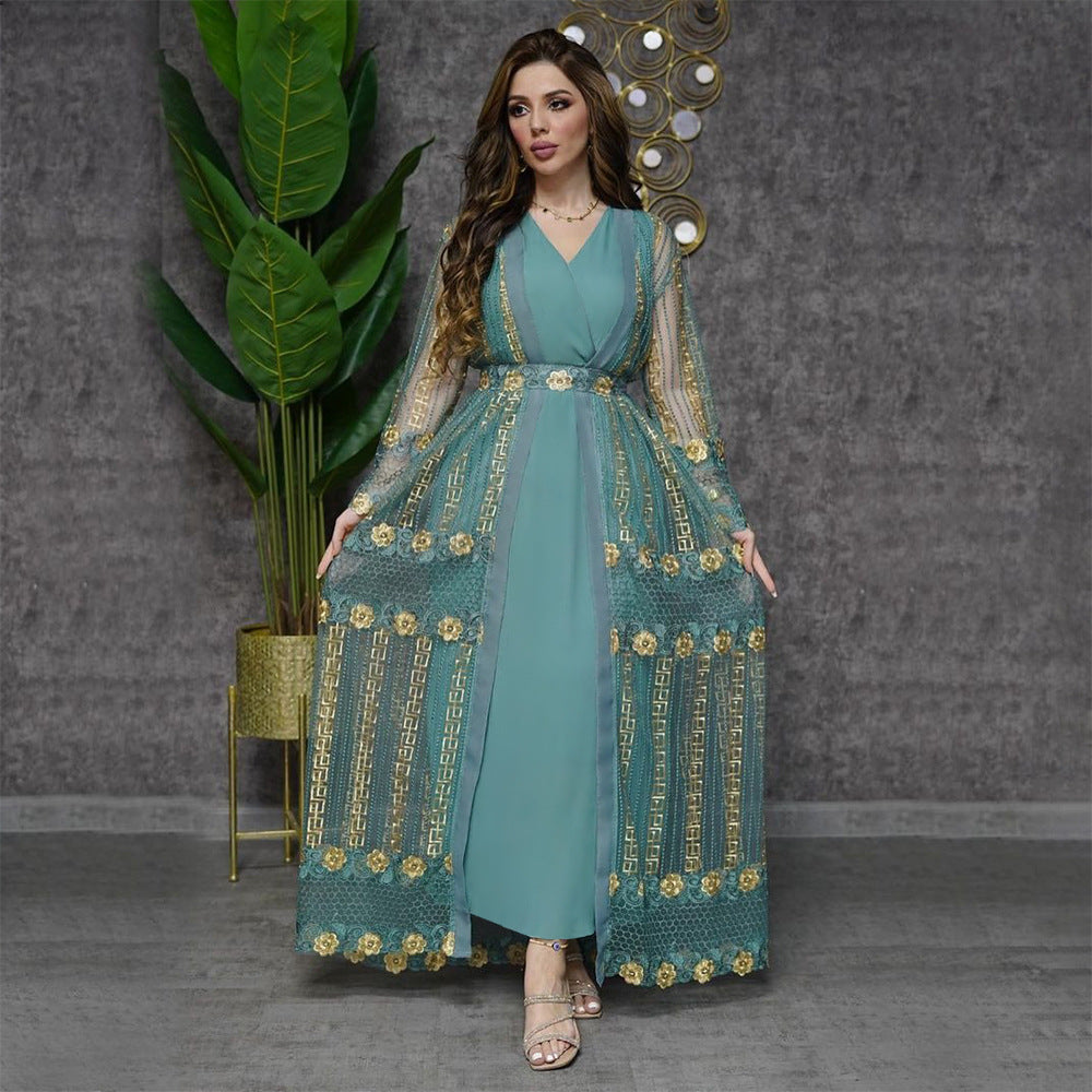 New Summer Middle East Embroidered Mesh Coat and Chiffon Sundress Dress Suit Arab Ladies Kaftan Dress Two-piece Set