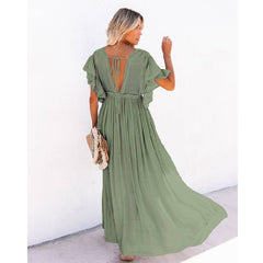 فستان ماكسي صيفي للشاطئ للنساء مطوي برباط عالي الخصر فستان طويل الصلبة بوهو عادية الخامس الرقبة فساتين الحفلات 2021 