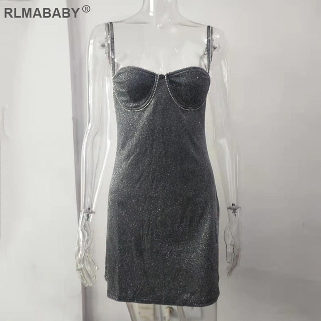 Sexy Bright Silk Diamond Women Mini Dress Low-Neck Sleeveless Backless Night Club Party Bodycon Dress New Elegant  Dress