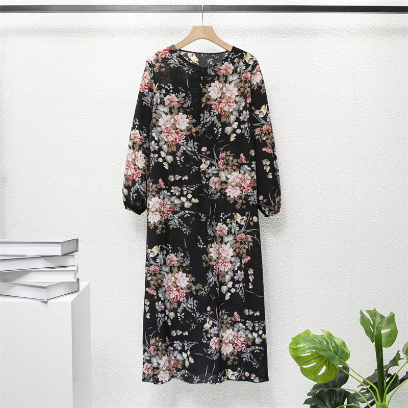 Spring Summer Muslim Dresses Full Sleeve Printed Floral Casual Long Loose Chiffon Dress Women Maxi Dresses With Pocket Mujer Vestidoes