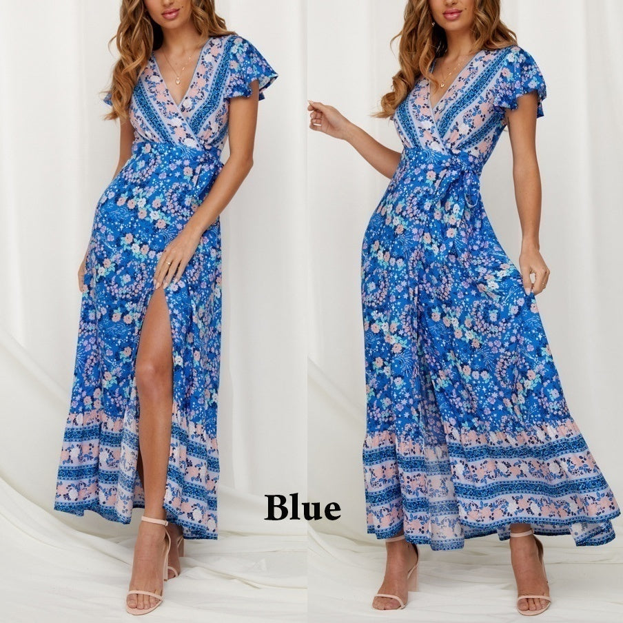 Women's Summer Flower Dress Short Sleeve Boho Maxi Dress Printed Flower Dress Maxi Beach Dress