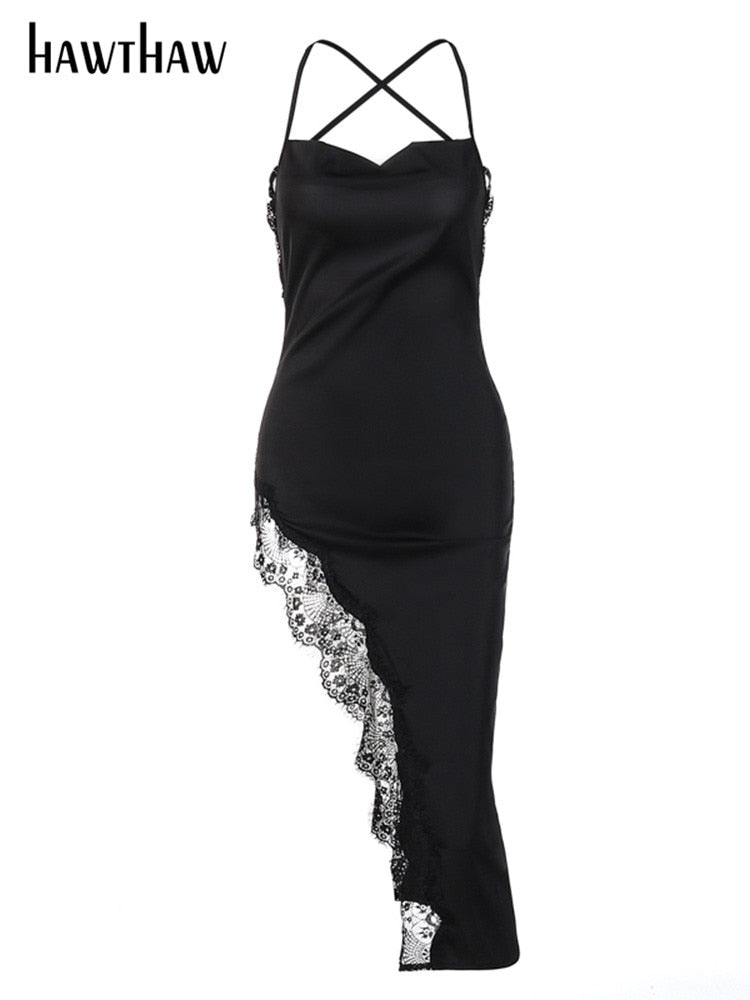 Women Sexy Lace Party Club Backless Bodycon Stain Black Straps Midi Dress 2022 Summer Clothes