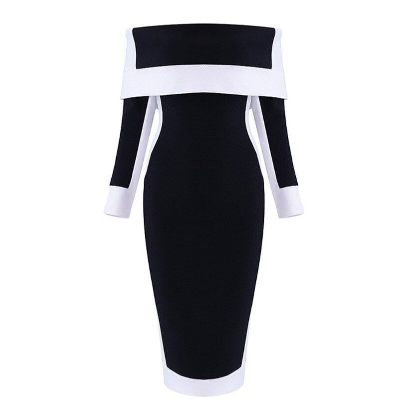 Sexy Off Shoulder Slash Neck Bodycon Dress Patchwork Black White Runway Evening Party Dress Women Elegant Nightclub Pencil Dress