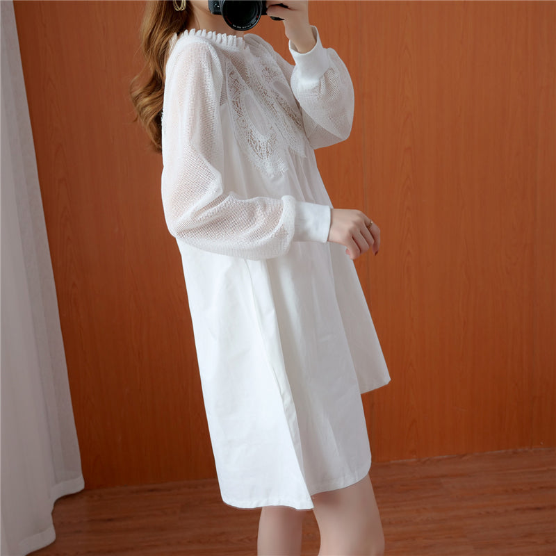 Large size women's lace mesh splicing  dress  and thin mid-length fat mm long-sleeved solid color dress