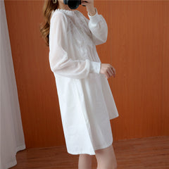 Large size women's lace mesh splicing  dress  and thin mid-length fat mm long-sleeved solid color dress