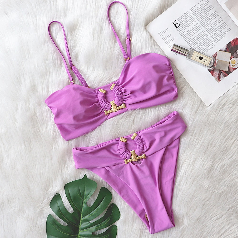 Explosive new style European and American bikini solid color tube top high waist swimsuit metal accessories female swimwear