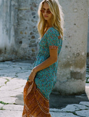 الربيع الصيف بوهو حزام الأزهار طباعة فستان طويل عالية الخصر الخامس الرقبة واحدة الصدر عطلة ميدي فستان امرأة 