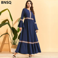 9492 Plus Size Women Lace Flared Long Sleeve Pleated Boho Dress Fashion Robe