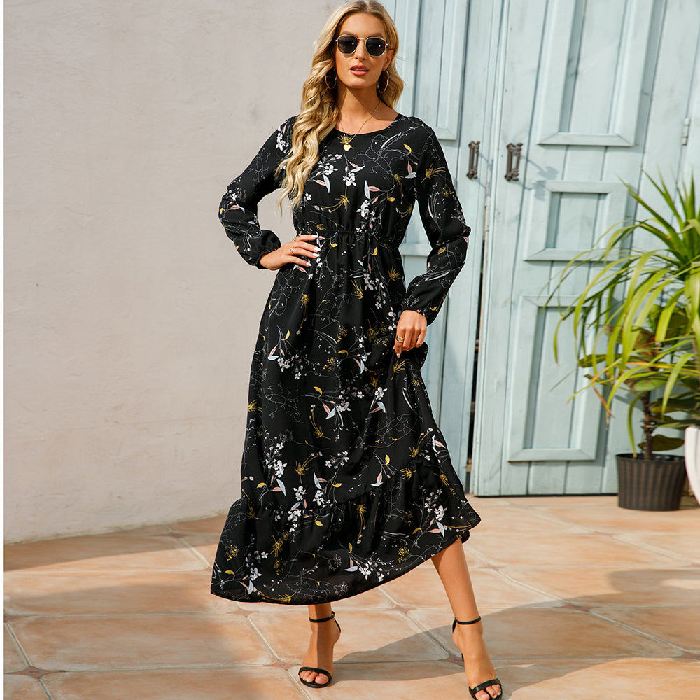 Sping Summer Bohemian Women Maxi Dress Casual Long Sleeve  Waist Beach Woman Chiffon Dresses Floral Vestidoes Mujer New