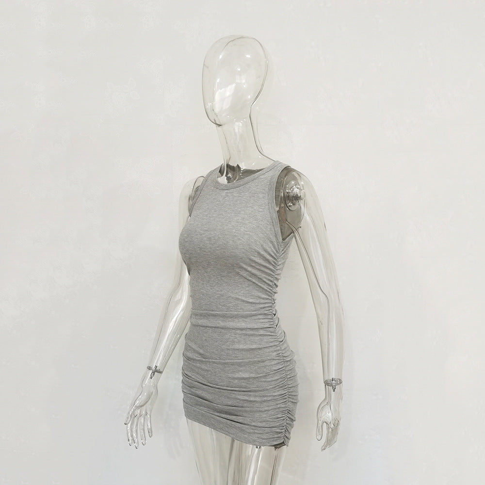 Sleeveless O Neck Pleated Bodycon Dress For Women Solid Sexy Fashion Lace-UP Midi Dress Spring Summer