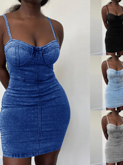Women Sexy Solid Color Denim Dress Spaghetti Straps Waist Tight Bodycon Mini Dress