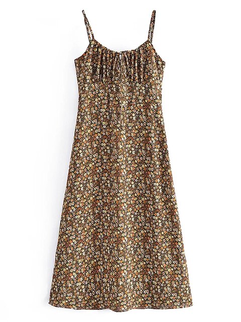 المرأة بوهو نمط الأزهار المطبوعة ميدي فستان عادية السباغيتي حزام ألف خط فستان السيدات موضة فستان بحزام السباغيتي 