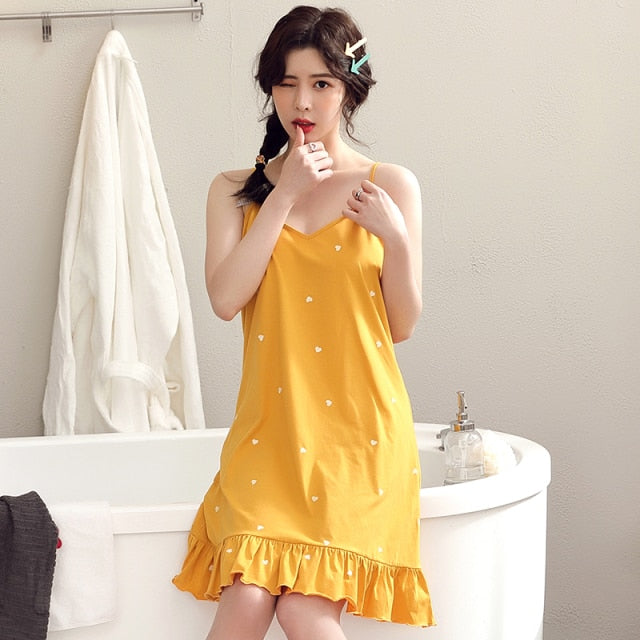 Women V-Neck Nightgowns Heart Print Night Dress Sexy Spaghetti Strap Cotton Casual Home Dress Night Shirt Sleepwear Nightwear