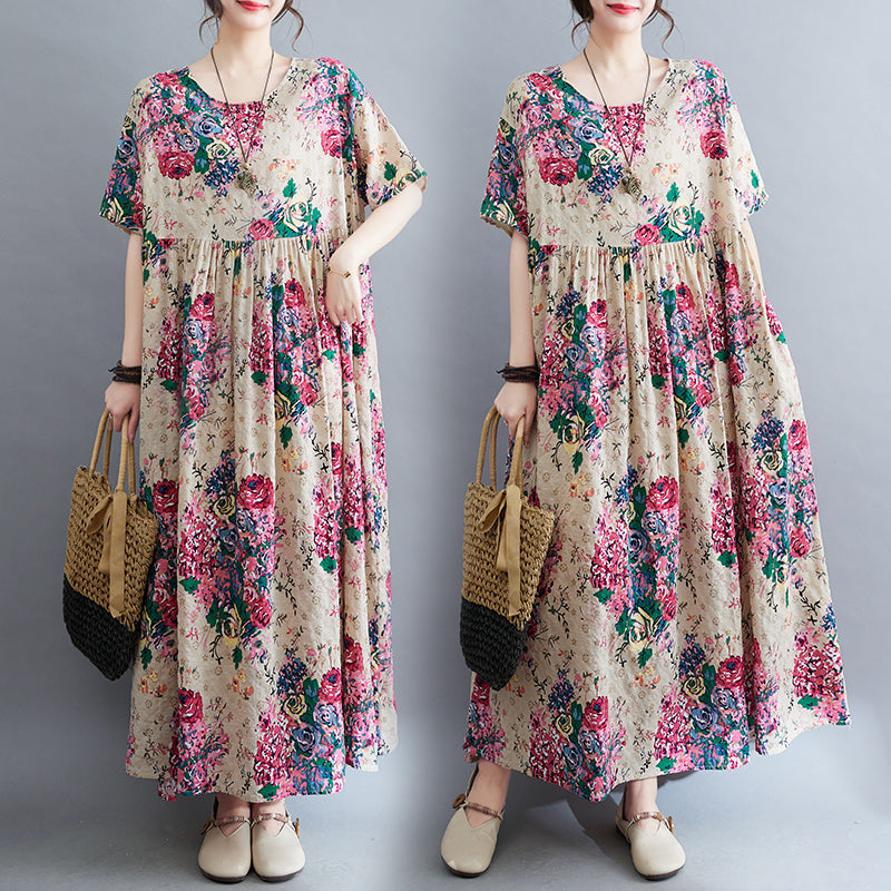 Women's new skirt Mori girl pastoral style summer new literary and artistic large size women's clothing fat MM plus fat plus printing short-sleeved li