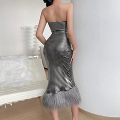 Elegant Ladies Party Dress Ladies  Fit  Sleeveless Sequin Tie Feather Party Ladies Sheath Dress Tank Top