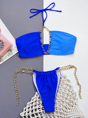Pure color bikini sexy bikin women's strapless backless seaside beach swimming open navel hollow strap chain briefs split swimsuit ins bikini suit