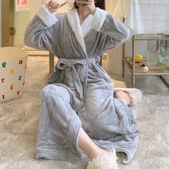 Women's  -end autumn and winter long-sleeved flannel nightgown thick solid color mid-length home service