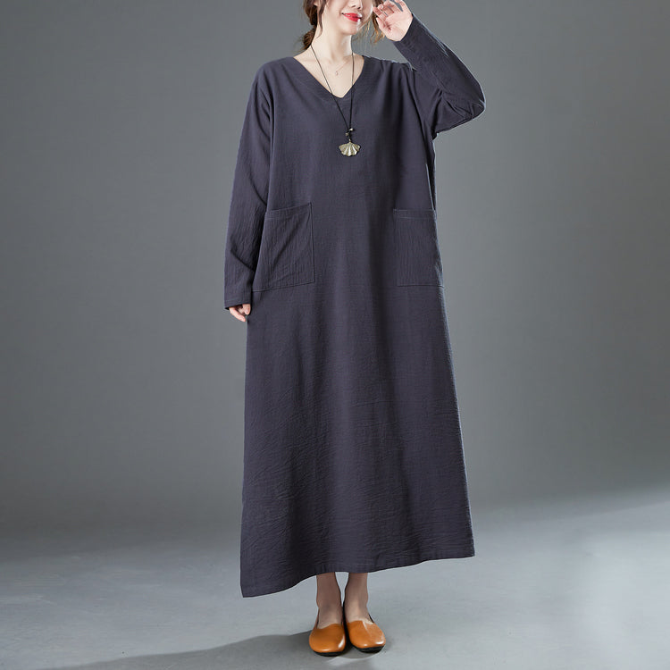 Ladies spring new retro cotton and linen V-neck plus fat to increase  long-sleeved dress robe