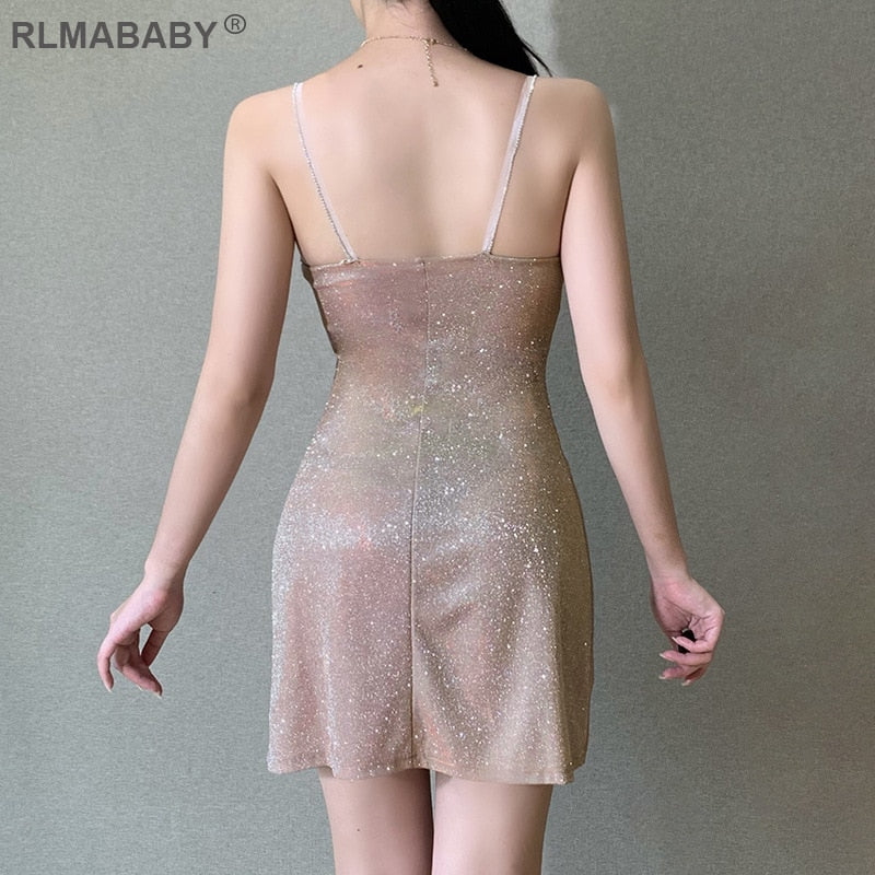 Sexy Bright Silk Diamond Women Mini Dress Low-Neck Sleeveless Backless Night Club Party Bodycon Dress New Elegant  Dress