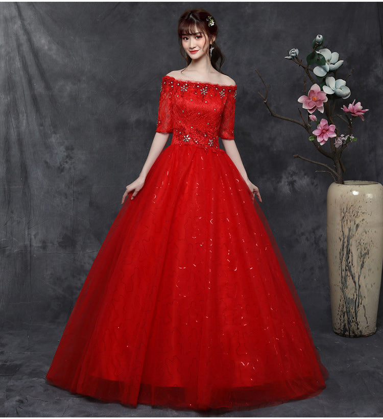 Fat girl ribbon mid sleeve one shoulder dress wedding dress big red white knot plus big size Hot Sale spot goods Factory Direct