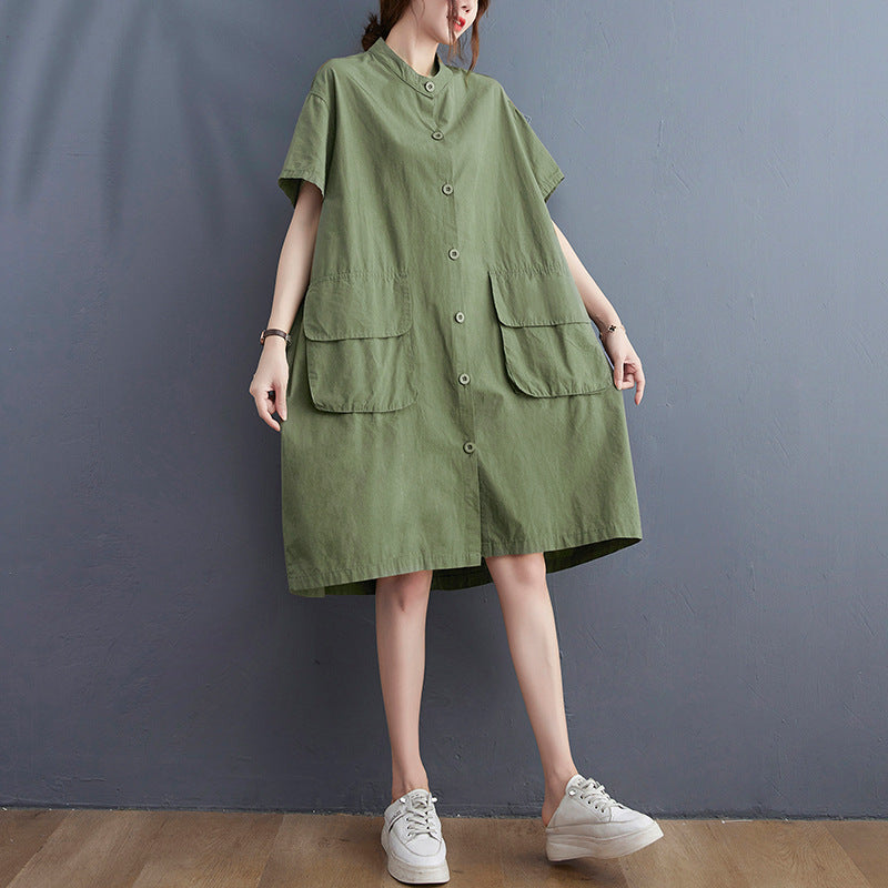 Large size  solid color dress literary retro fat MM small stand collar button pocket casual skirt