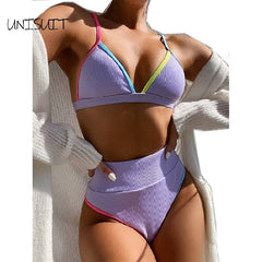 Fashion Color Border Deep V Neck  Lady  Sets Swimsuits Casual  Waist Triangle Halter Bathing Suits Beachwear Biquini