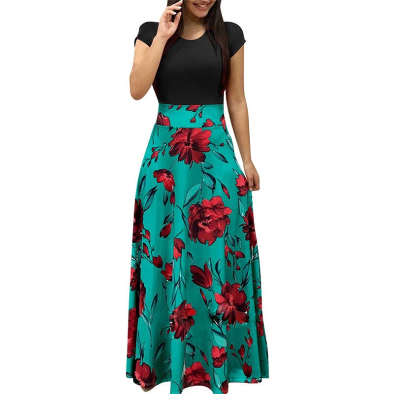 Floral Print Summer Boho Dress Women Casual Short Sleeve Patchwork Dress Ladies Elegant Party Dress Long Maxi Dresses Vestidos