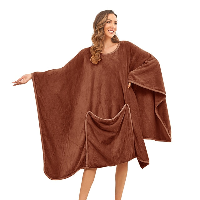Jodimitty بطانية بغطاء للرأس كبيرة الحجم بأكمام مزدوجة الجانب من الفلانيل بلوزات نسائية شتوية من الصوف بجيب عملاق بقلنسوة