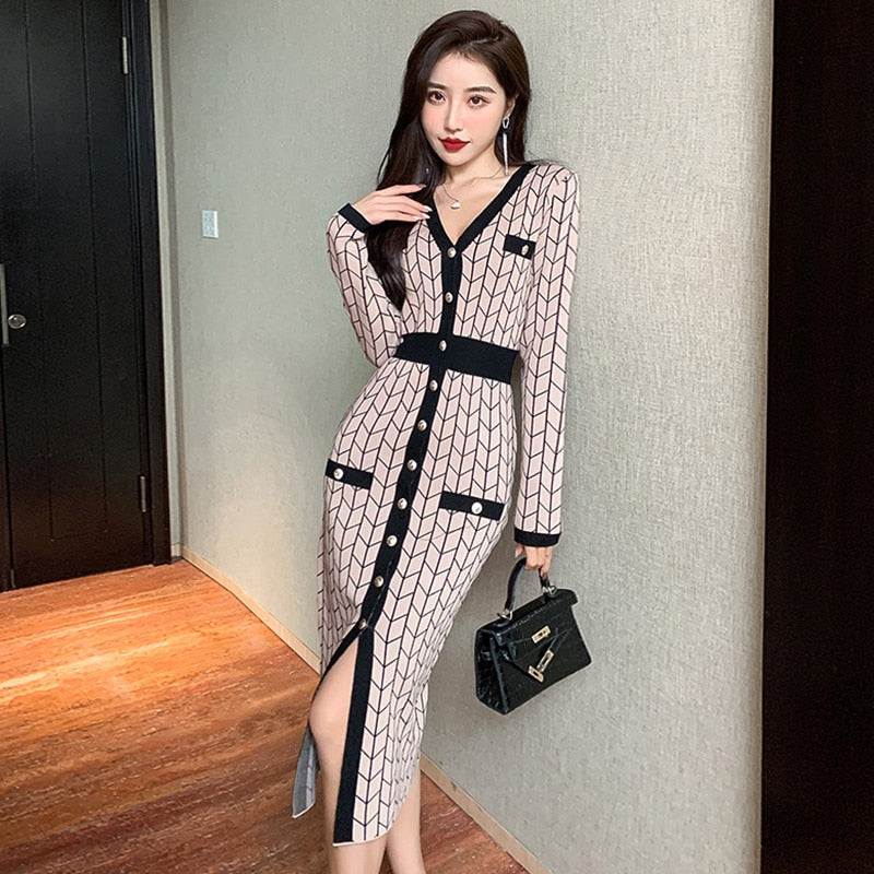 Fashion Women Vintage V-Neck Single-breasted Midi Knitted Dress Elegant Streetwear Plaid Bodycon Skinny Sweater Female Dress
