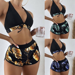 Three-piece bikini gathered halter neck leaf print sports fashion foreign trade swimsuit