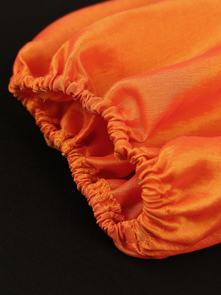 Women Shiny Orange Dress Short Lantern Sleeves Bodycon Pleated Fold Party Sexy African Female Event Tight Evening Robes Birthday